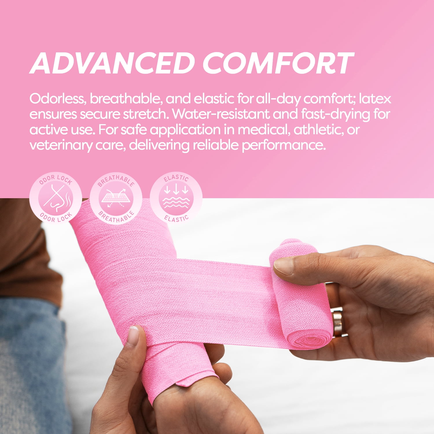 Dynarex Sensi-Wrap Self-Adhesive Bandages, 18-Pack, 4" x 5 yards, Pink, Latex, Colored Elastic Cohesive Athletic Tape, Tattoo Grip & Vet Wrap