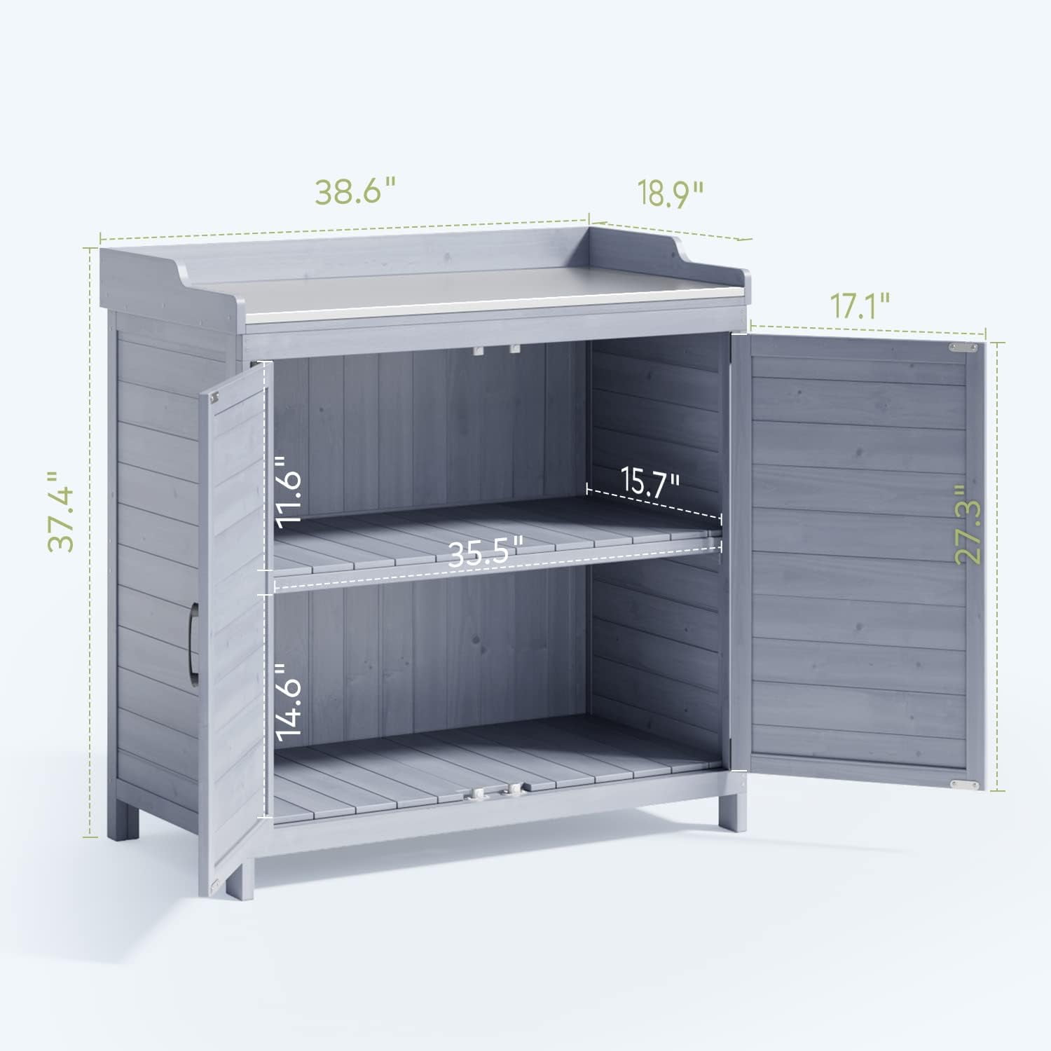 Lofka Outdoor Wooden Storage Cabinet with Potting Bench, Gray, Weatherproof Garden Work Station, Patio Tool Shed for Backyard