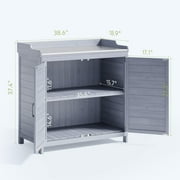 Lofka Outdoor Wooden Storage Cabinet with Potting Bench, Gray, Weatherproof Garden Work Station, Patio Tool Shed for Backyard