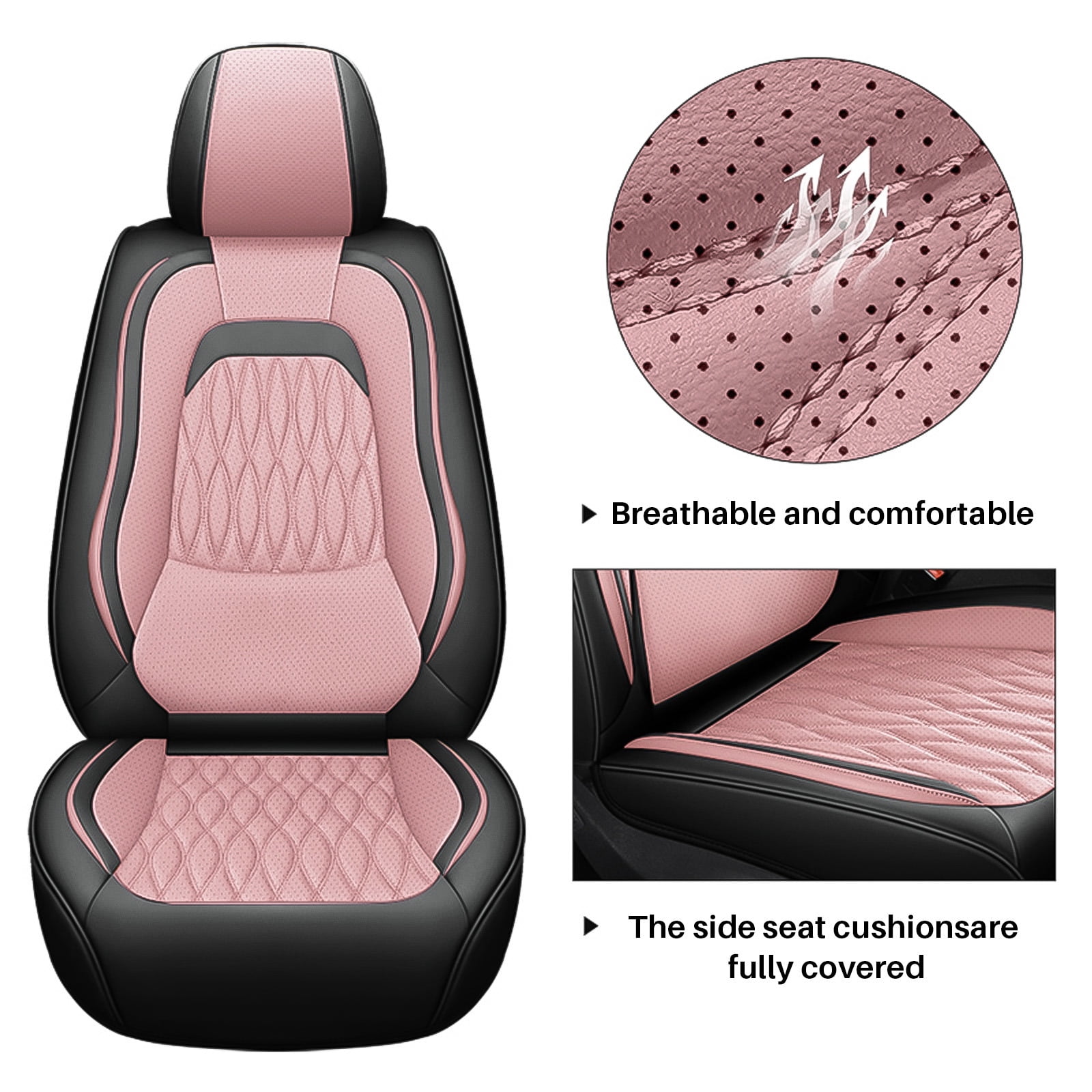 OTOEZ Universal Pink Car Seat Cover Nappa Leather 5-Seat Full Set Waterproof Front & Rear Cushion Protector Fit Most Honda Toyota Chevy Ford Nissan SUV