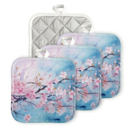 

Bahomeck Pot Holder 4Pcs Painting Of Pink Cherry Blossoms In Full Bloom Square Heat Resistant Hot Pads For Kitchen Cooking Oven With Hanging Loop Potholder Easy To Store