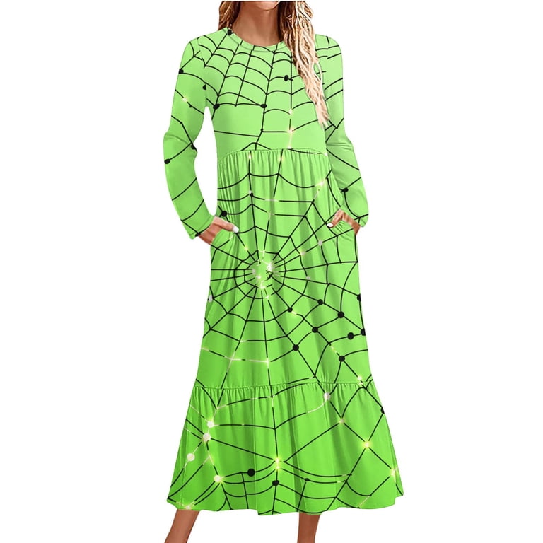 Yfnnup Womens Halloween Spider Web Print Dress Long Sleeve Maxi Dress Casual Long Dresses with Pockets Green,XL, Women's, Purple
