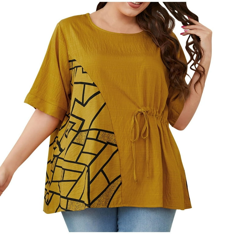 SELONE Oversized Linen Shirts for Women Short Sleeve Tops Blouses Regular  Fit T Shirts Pullover Tees Tops Abstract Print T-Shirts Crew Neck Tops