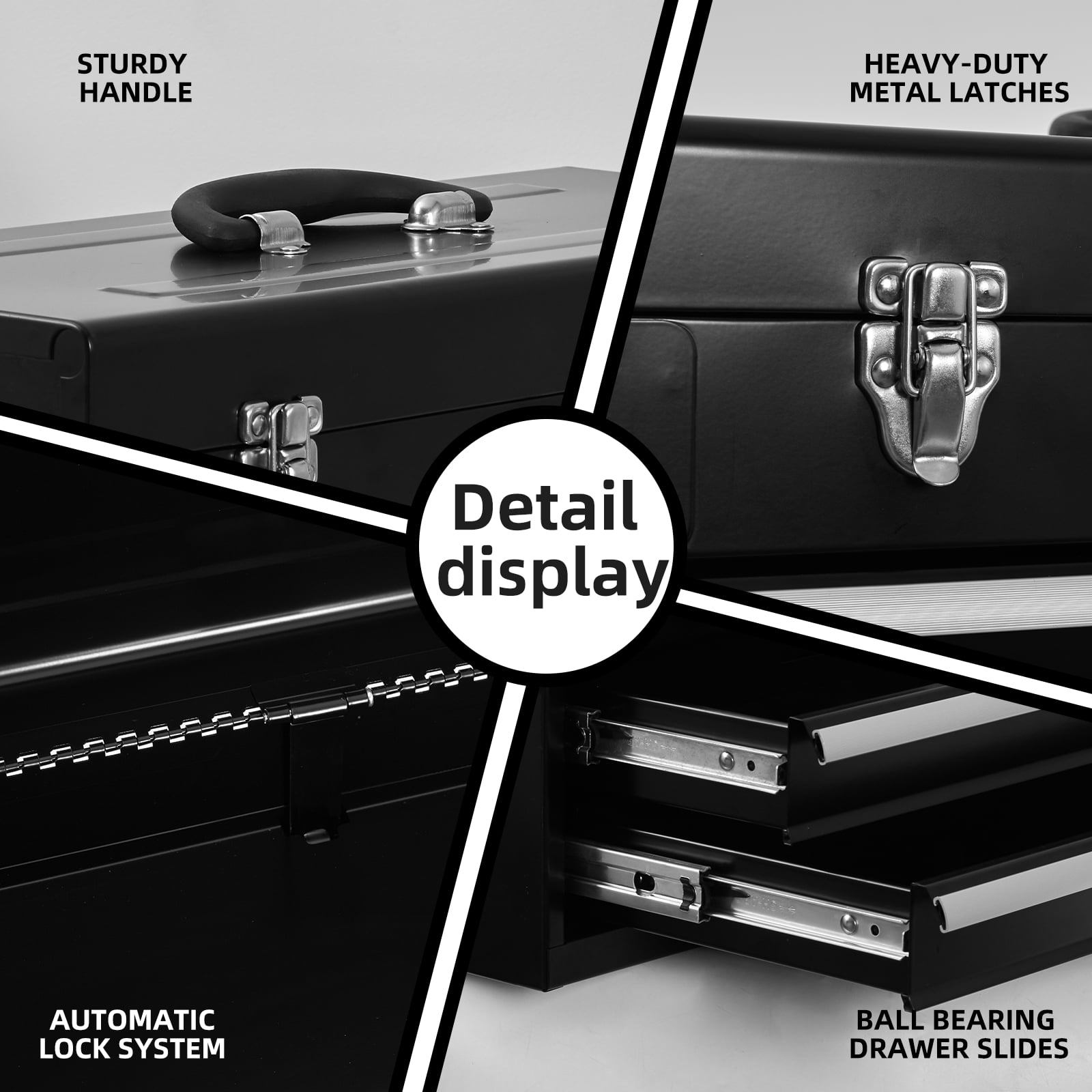 20.3“ Metal Tool Box with Drawer Portable Steel Metal Tool Box with EAV Liner and Metal Latch Closure and Lock for Garage, Home and Warehouse (Black-2 Drawers)