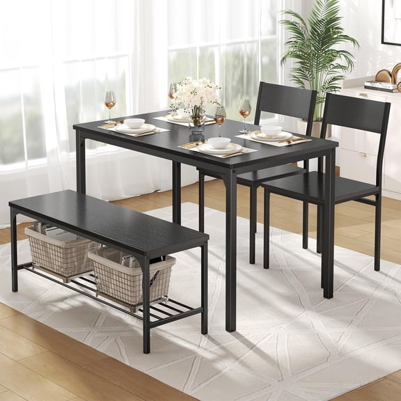 Black Dining Table Set With Bench And 2 Chairs, 4-Piece Space-Saving Kitchen Table For Apartment