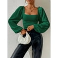 thumbnail image 5 of Women'S Square Neck Long Sleeve Crop Tops Puff Sleeve Ruched Blouse Green S, 5 of 8