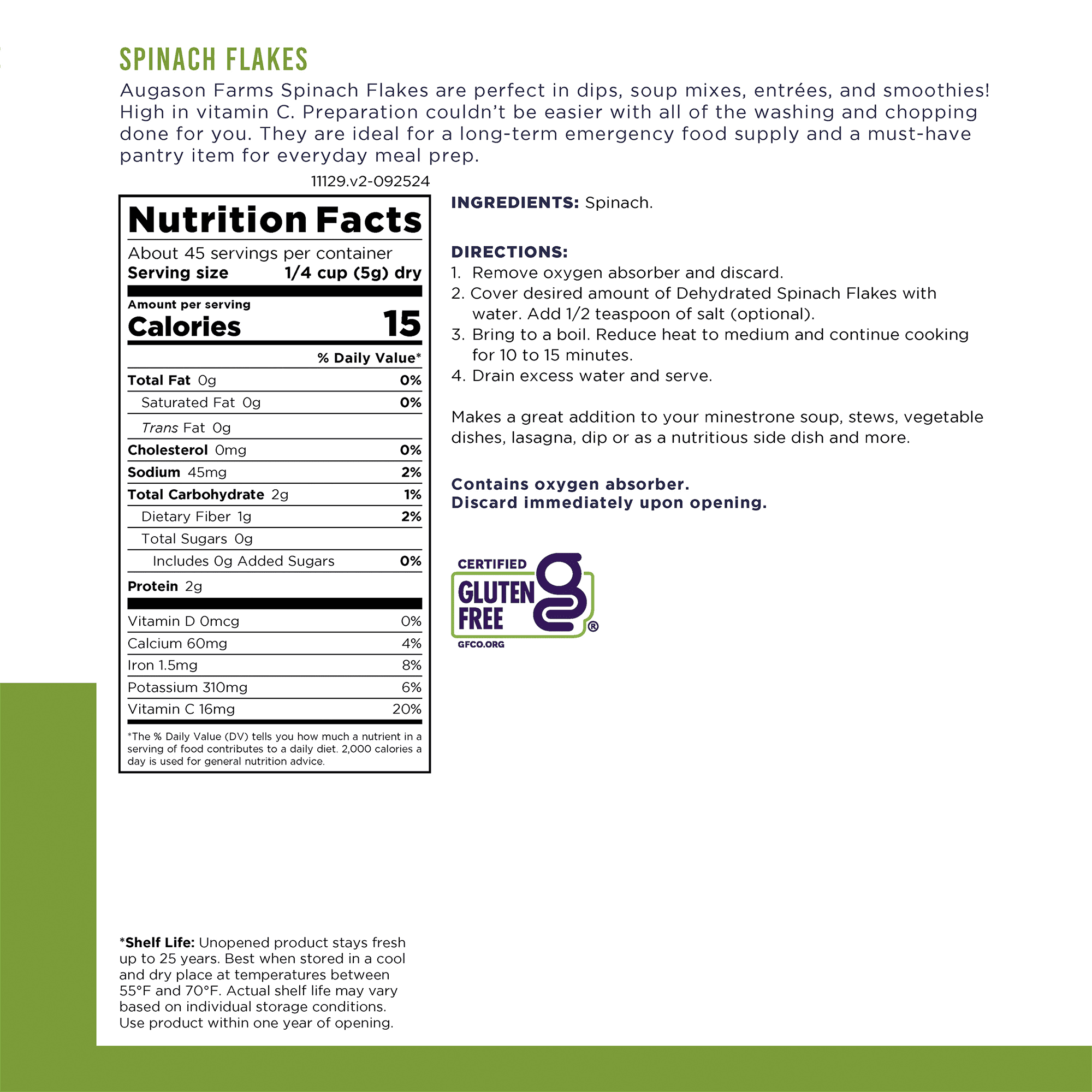 (2 pack) Dehydrated Spinach Flakes Emergency Food Supply, 45 Servings, 25 Year Shelf Life, 15 Calories per Serving - Dehydrated Meals, Survival Food Camping Essentials Can