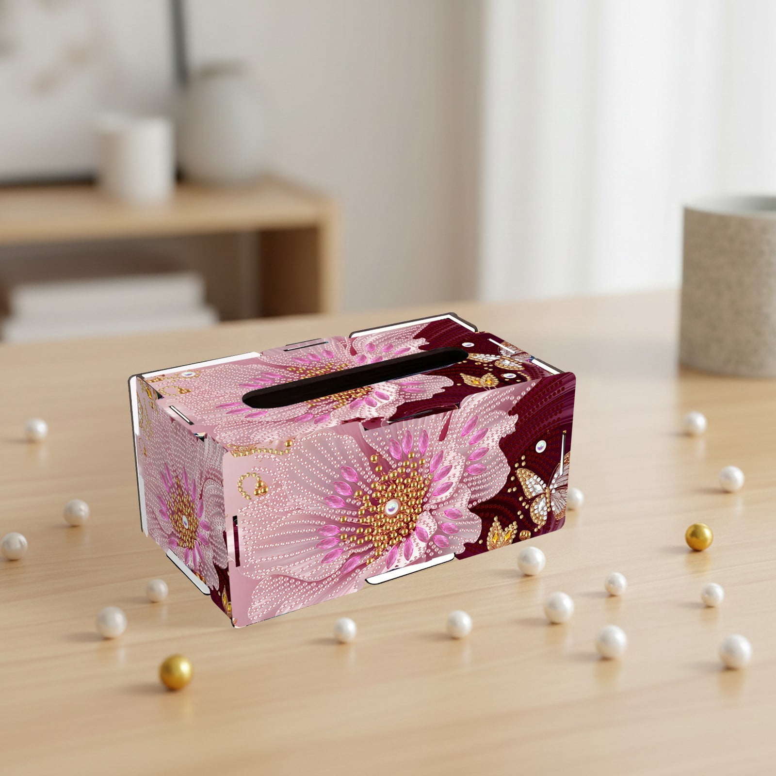 FLOPESN DIY Diamond Art Painting Flower Tissue Box – Wooden Storage Box with Crystal & Pearl Diamonds, Decor Craft Kit for Bedroom, Living Room (8.86 x 5.31 x 4.13 in)