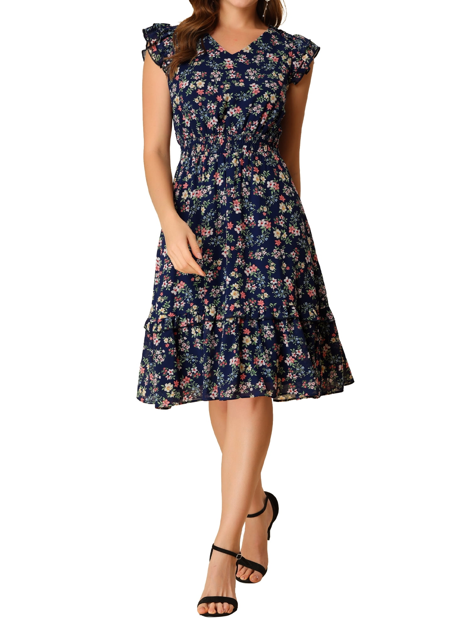 DARING DIVA Floral Flutter Sleeves V Neck Smocked Ruffle Dress M Navy