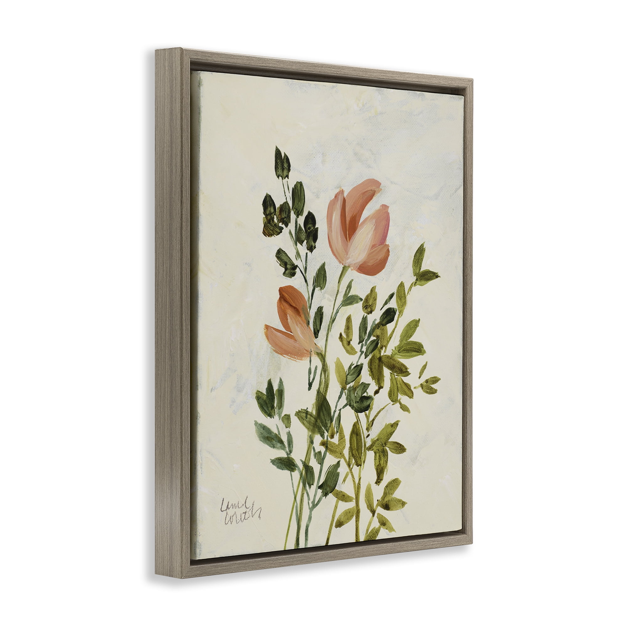 Stupell Industries Vintage Leaves Pink Blossom Floral & Botanical Painting Brown Floater Framed Canvas Art Print Wall Art, 17 x 21