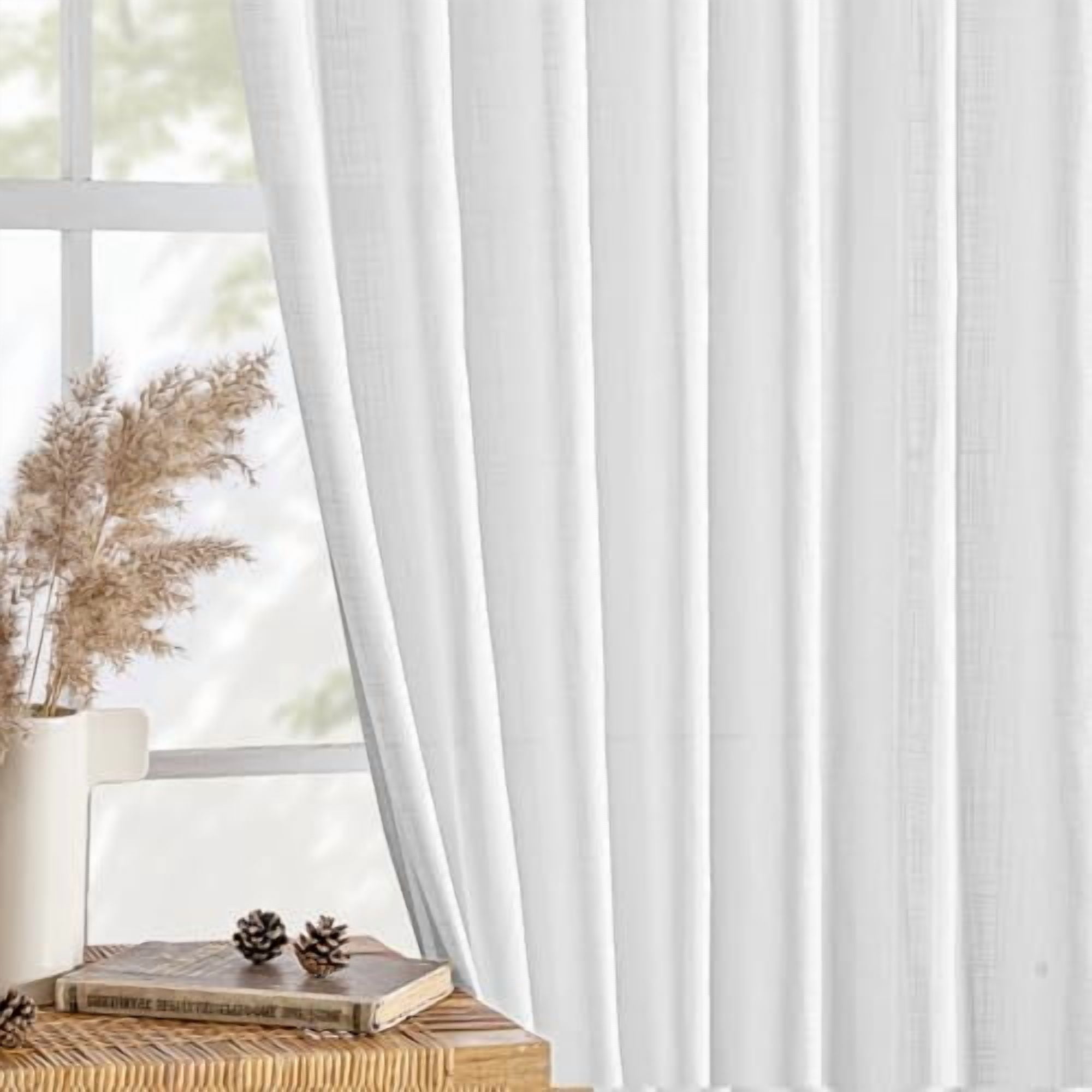 White Linen Curtains Short 60 Inch Length 2 Panels for Kitchen Bedroom, Soft Thick Linen Textured Window Drapes Semi Sheer Light Filtering Back Tab Rod Pocket Burlap Look Decor
