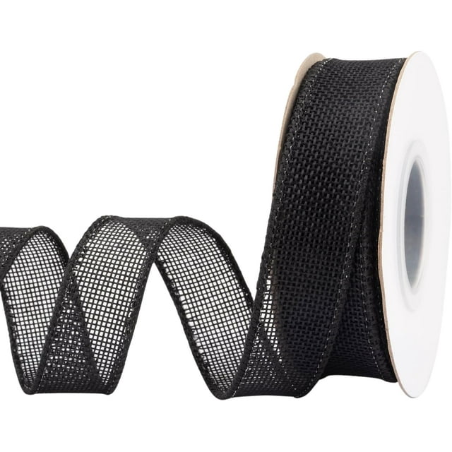 Joycrosso Burlap Wired Edge Ribbon 1 inch x 10 Yards, Black, Ideal for Crafting, Gift Wrapping, Wreath, Christmas Tree, and Rustic Wedding Decorations