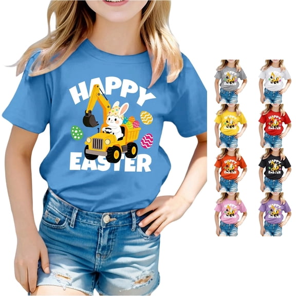 Toddler Girls' Short Sleeve Crew Neck Tee T-Shirt Easter Print Casual Tee Top Size 2-3T , Blue