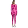 thumbnail image 2 of Mufeng Women's Shiny Metallic Long Sleeve Bodycon Jumpsuit Glossy Sparkly Full Bodysuit Unitard Hot Pink M, 2 of 7