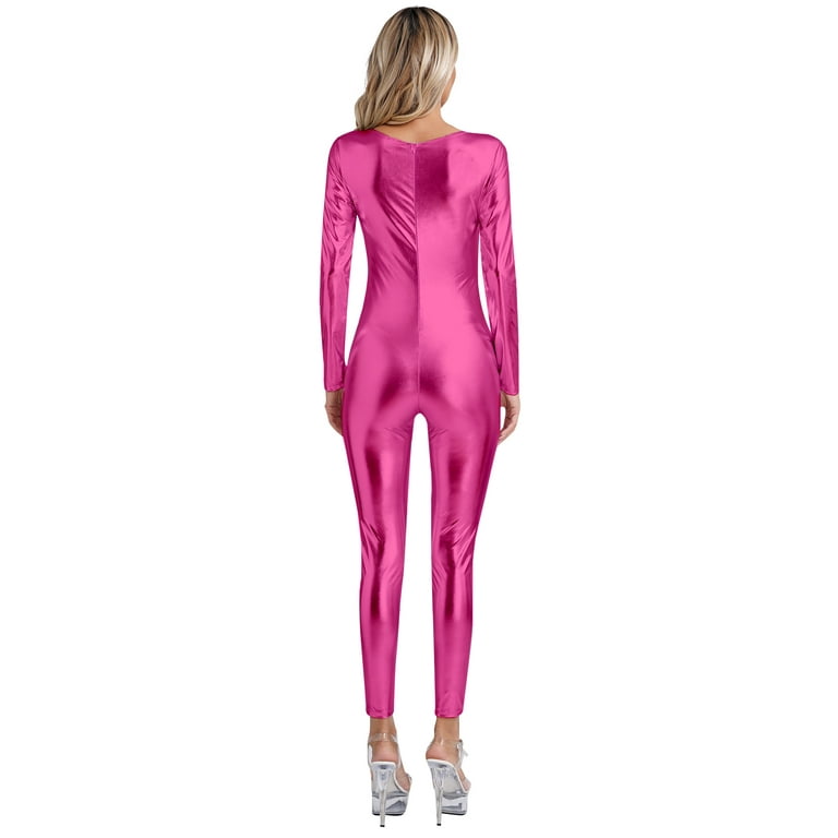 Sxiwei Womens Shiny Metallic Unitard Round Neck Long Sleeve