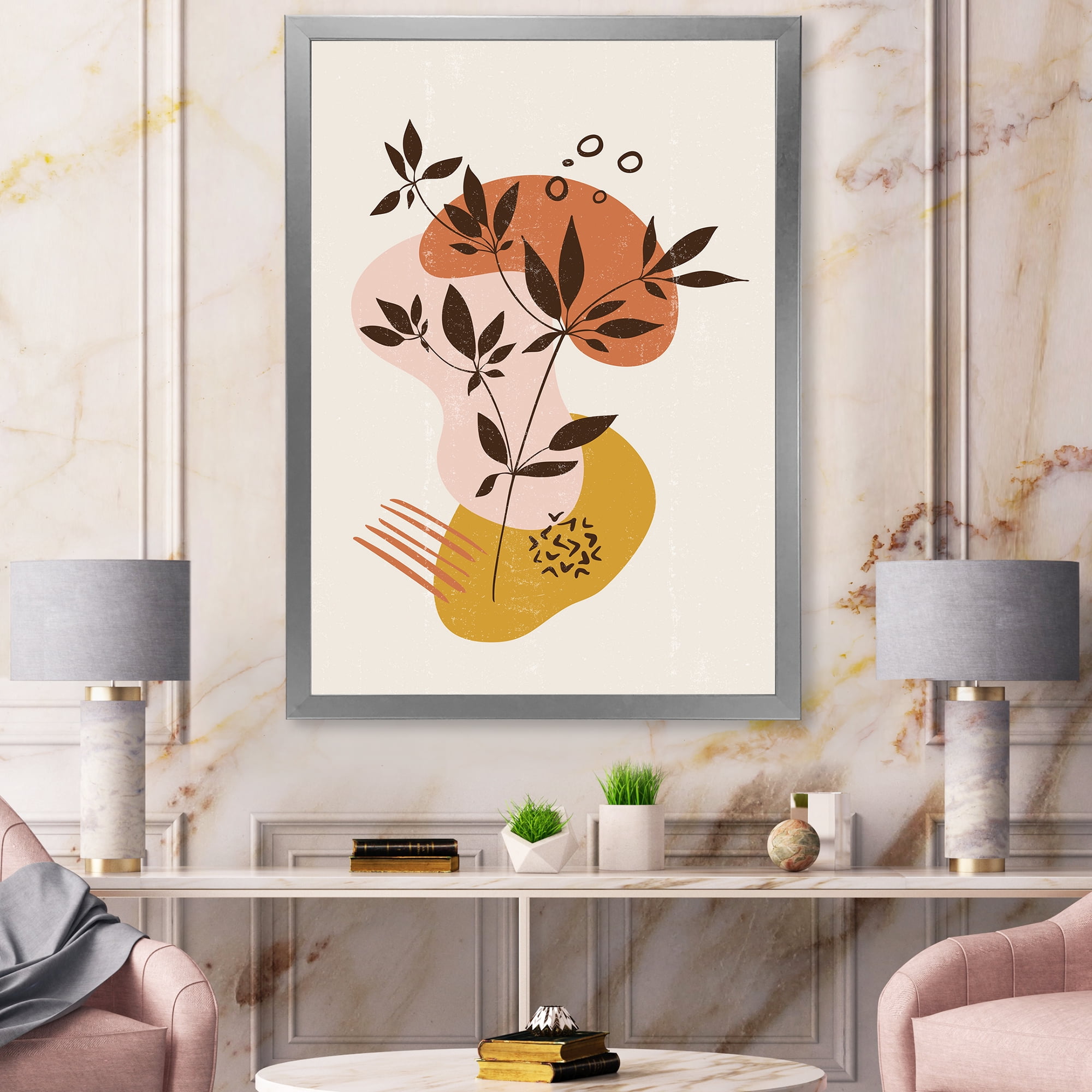 Designart 'Minimalist Shapes With Ancient Plant II' Modern Framed Art Print