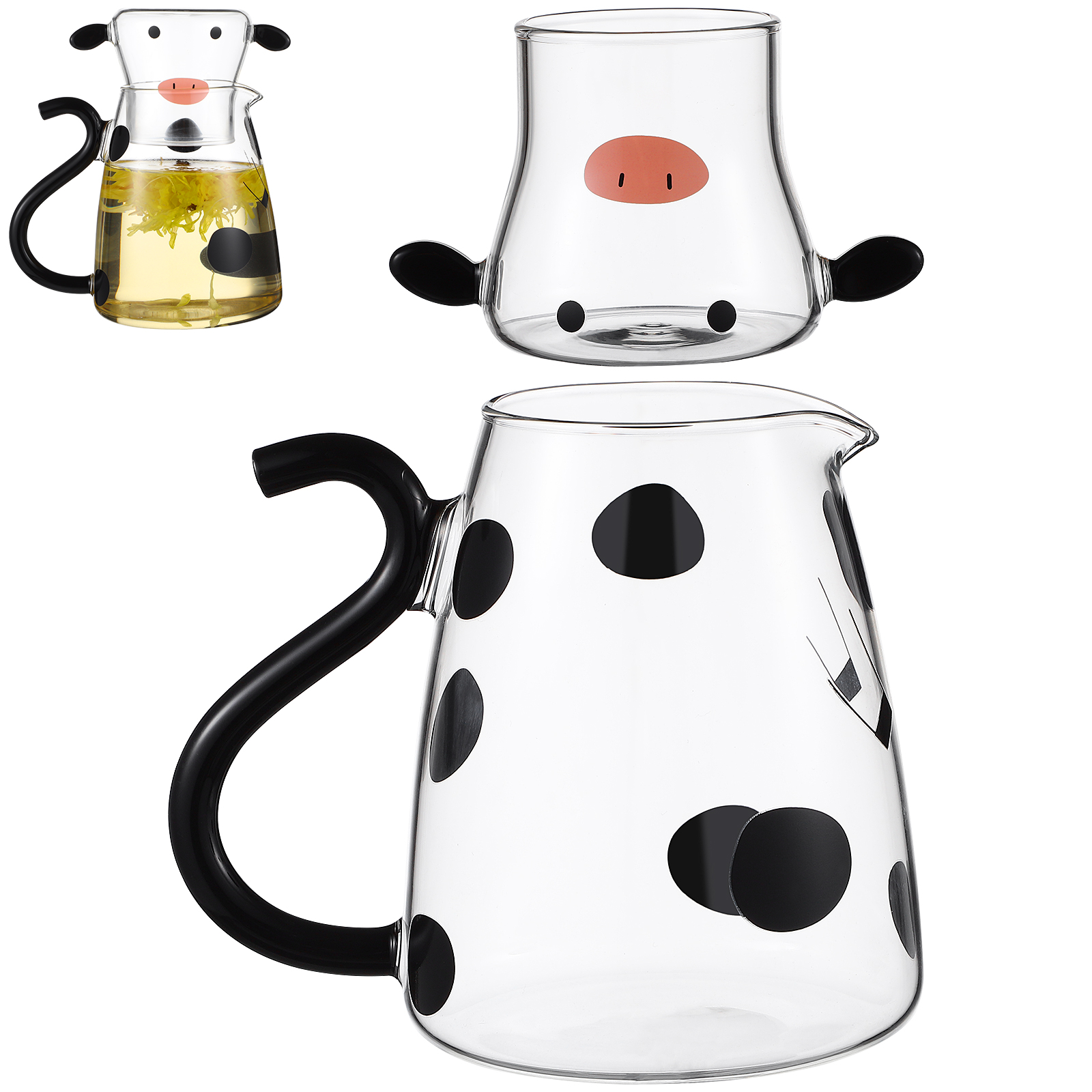 550/1800ml Cartoon Cow Pattern Glass Pitcher Milk Carafe Kettle with Cup  Heat Resistant Coffee Tea Pot Clear Cute Water Bottle