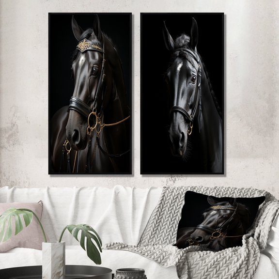 Designart "Golden Equestrian Black and Gold Equine I" Horse Framed Wall Art Set Of 2 - Black Animals Frame Gallery Set For Office Decor