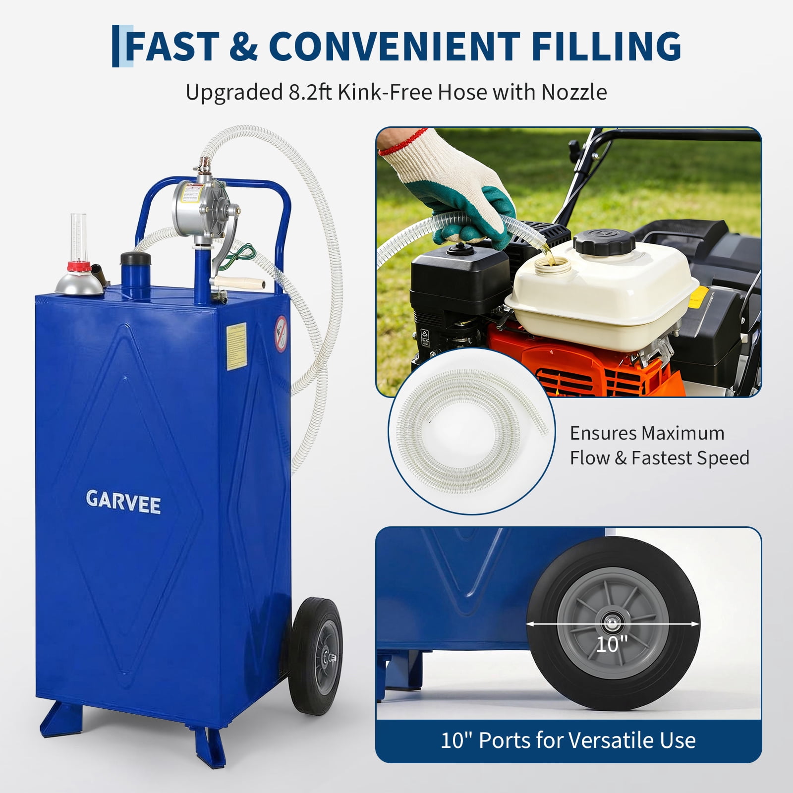 Garvee 35 Gallon Fuel Gas Caddy Storage Tank,Portable Fuel Transfer Tank with Smooth-Rolling Wheels, Manual Hand Crank Transfer Pump,Blue