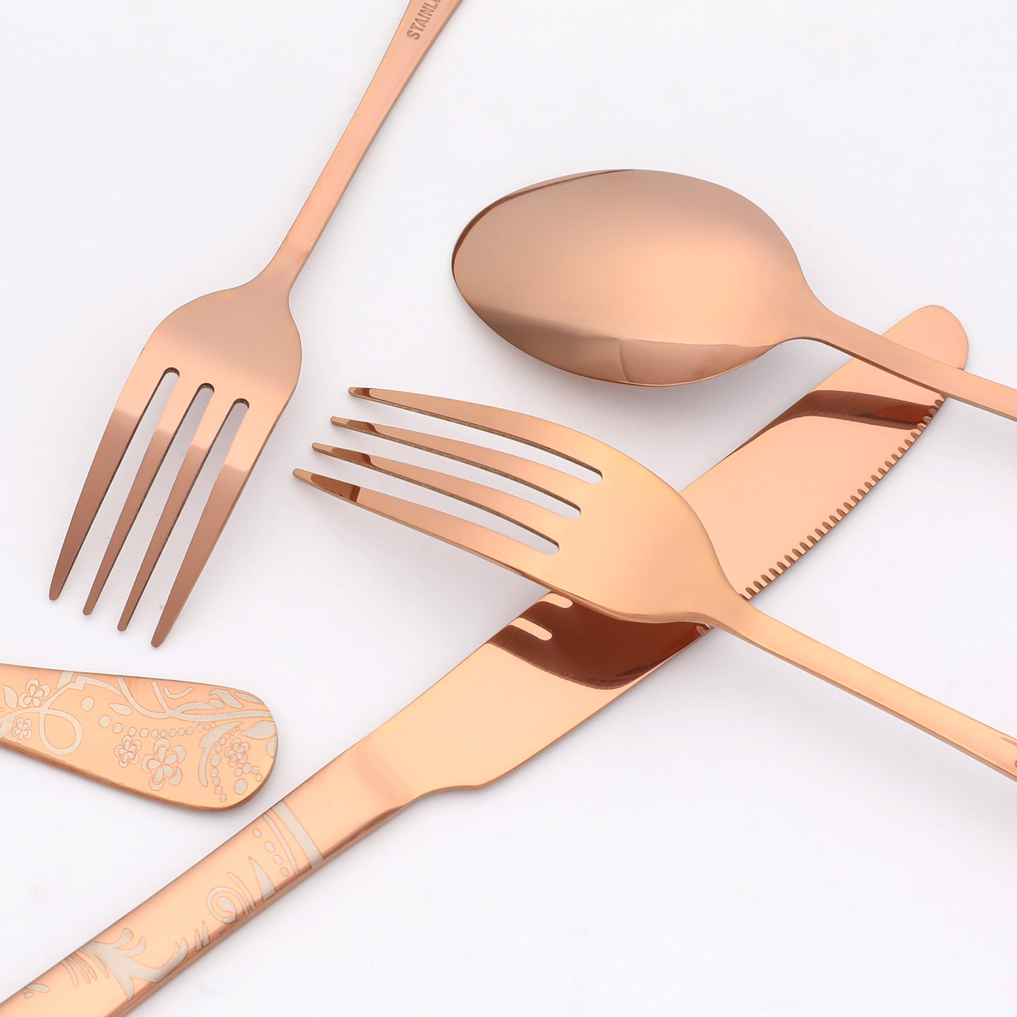 Unique Bargains 20 Piece Stainless Steel Floral Flatware Silverware Set for 4 Rose Gold