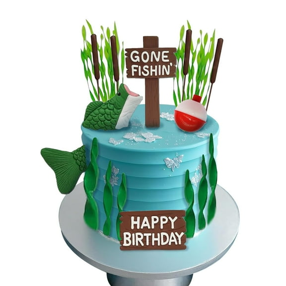 Fishing Cake Topper Gone fishing Cake with Bass Reed Happy Birthday Sign, Set of 17