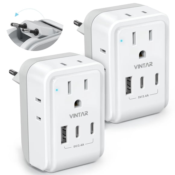 2 Pack European Plug Adapter, VINTAR Foldable Travel Adapter for Europe with 4 AC Outlets 3 USB Ports(2 USB C), Type C Adaptor Cha