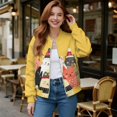 thumbnail image 2 of Xoenoiee Women's Bomber Jackets Lightweight Zip Up Jacket Casual Vasity Jacket Coat Outerwear Windbreaker with Pockets, Cartoon Cats Yellow, Medium, 2 of 7