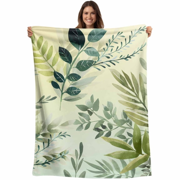 Green Blue Leaves Blanket Soft Cozy Warm Throw Blanket for Couch, Plush Fuzzy Flannel Fleece Blankets for Sofa, Summer Botanical Farmhouse Watercolor Leaf Bed Blankets Gifts for Men, 40"x60"