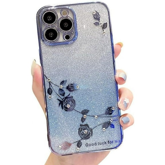 Compatible with iPhone Case,Luxury Shiny Glitter Bling Sparkly Crystal Rhinestone Diamond Flower Floral Electro Plated Edge Clear Soft Shockproof Cover Phone Case (Blue,iPhone 14 Pro)