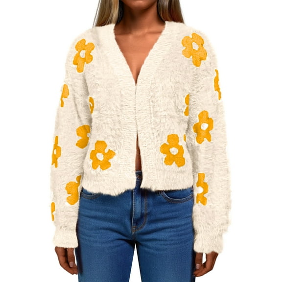 CharmCyan Womenβs Long Sleeve Fluffy Knit Cardigan with Floral Pattern Open Front Soft Lightweight Sweater for Casual Wear Beige L
