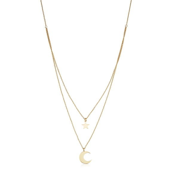 Au Naturale 14k Yellow Gold Moon and Star Celestial Symbols Layer Necklace for Women (adjusts to 17 or 18 inch)