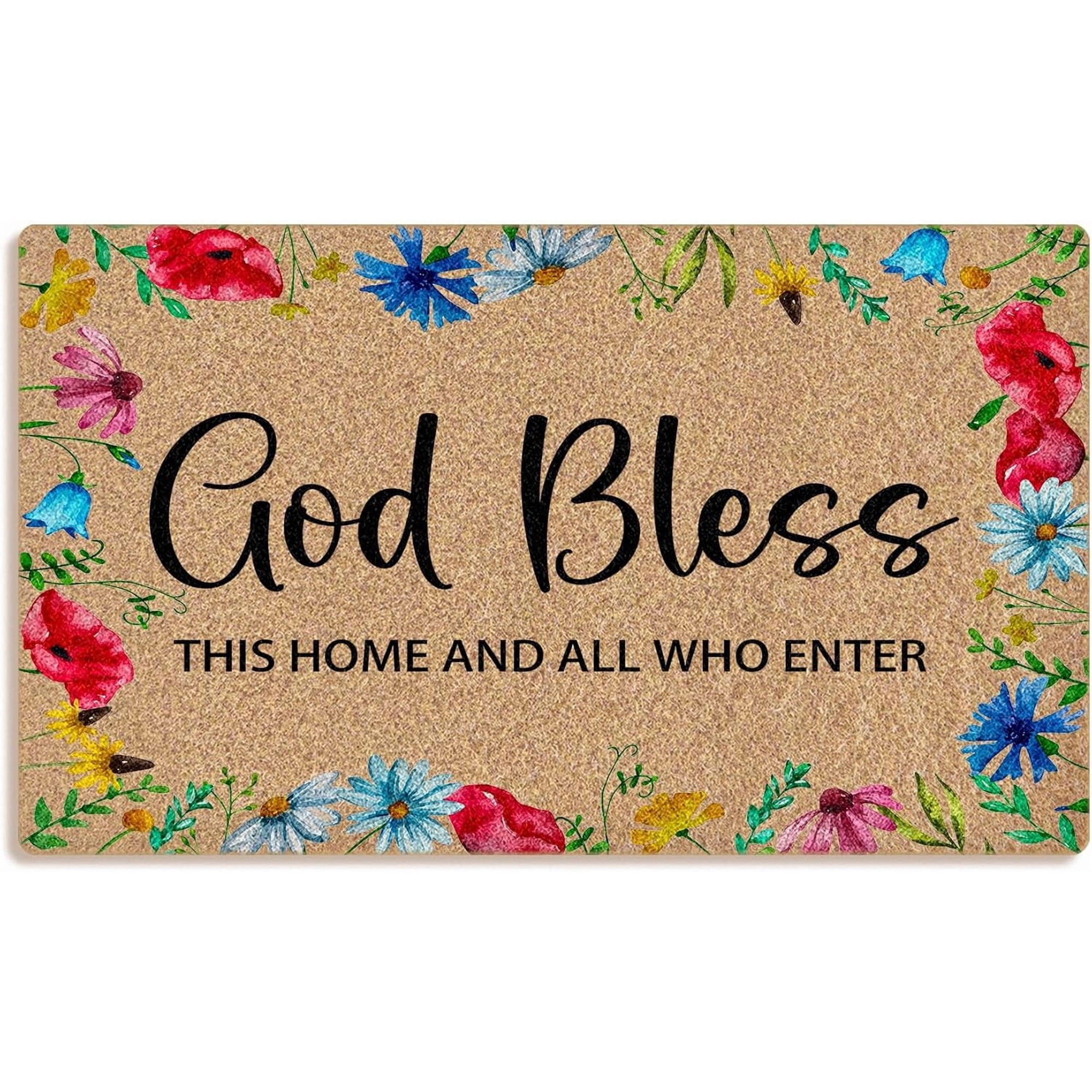 Christian Floral Coco Coir Doormat Door Mat for Home House Entrance God Bless This Home Bible Verse Wildflower Floor Mats for Outdoor Outside Entryway 30x17 Welcome Mat