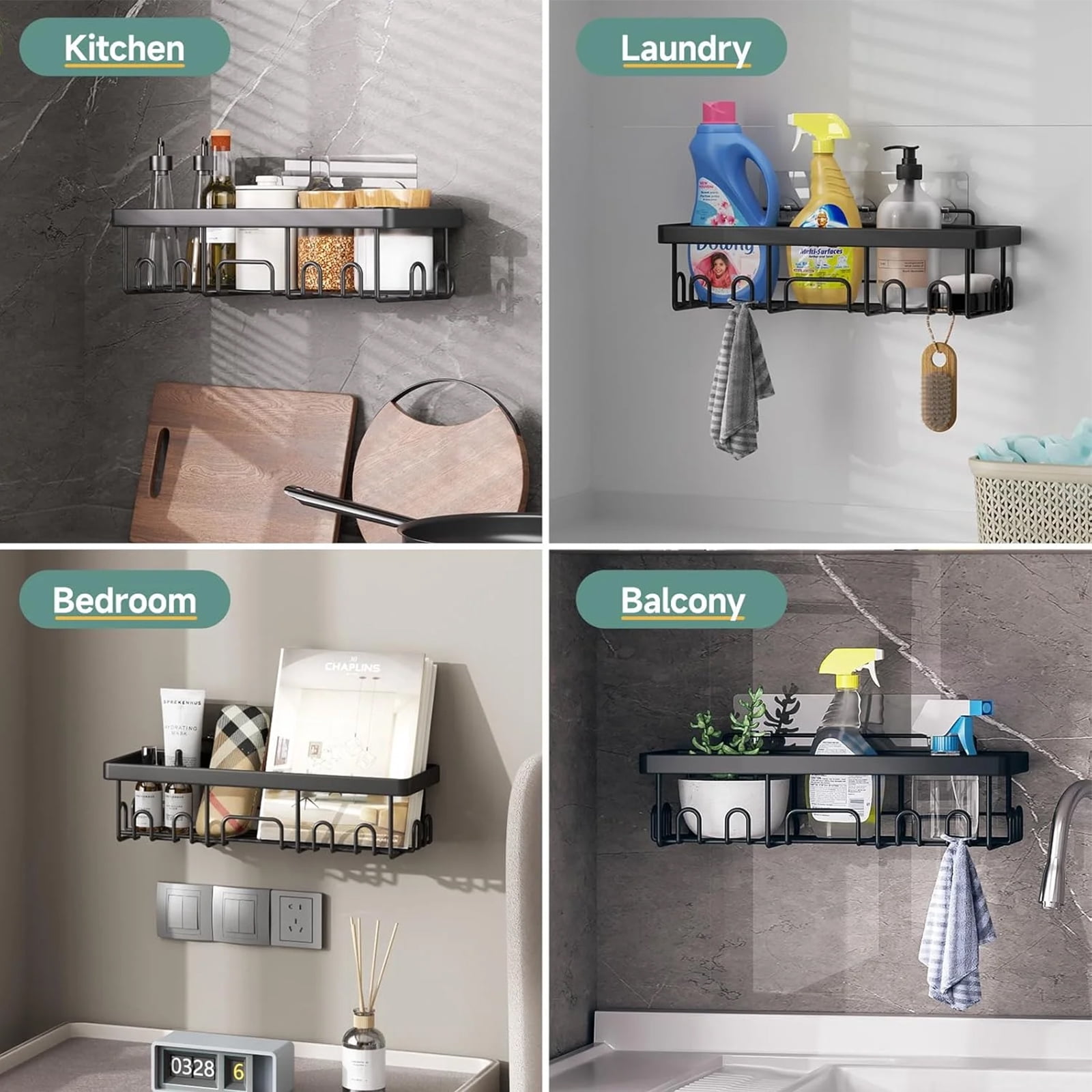 6-Pack Rustproof Stainless Steel Shower Caddy Set with Large Capacity– No Drill Adhesive Bathroom Organizer, Space-Saving Shower Shelves for Apartment Essentials, Bathroom/Kitchen Storage Home Decor