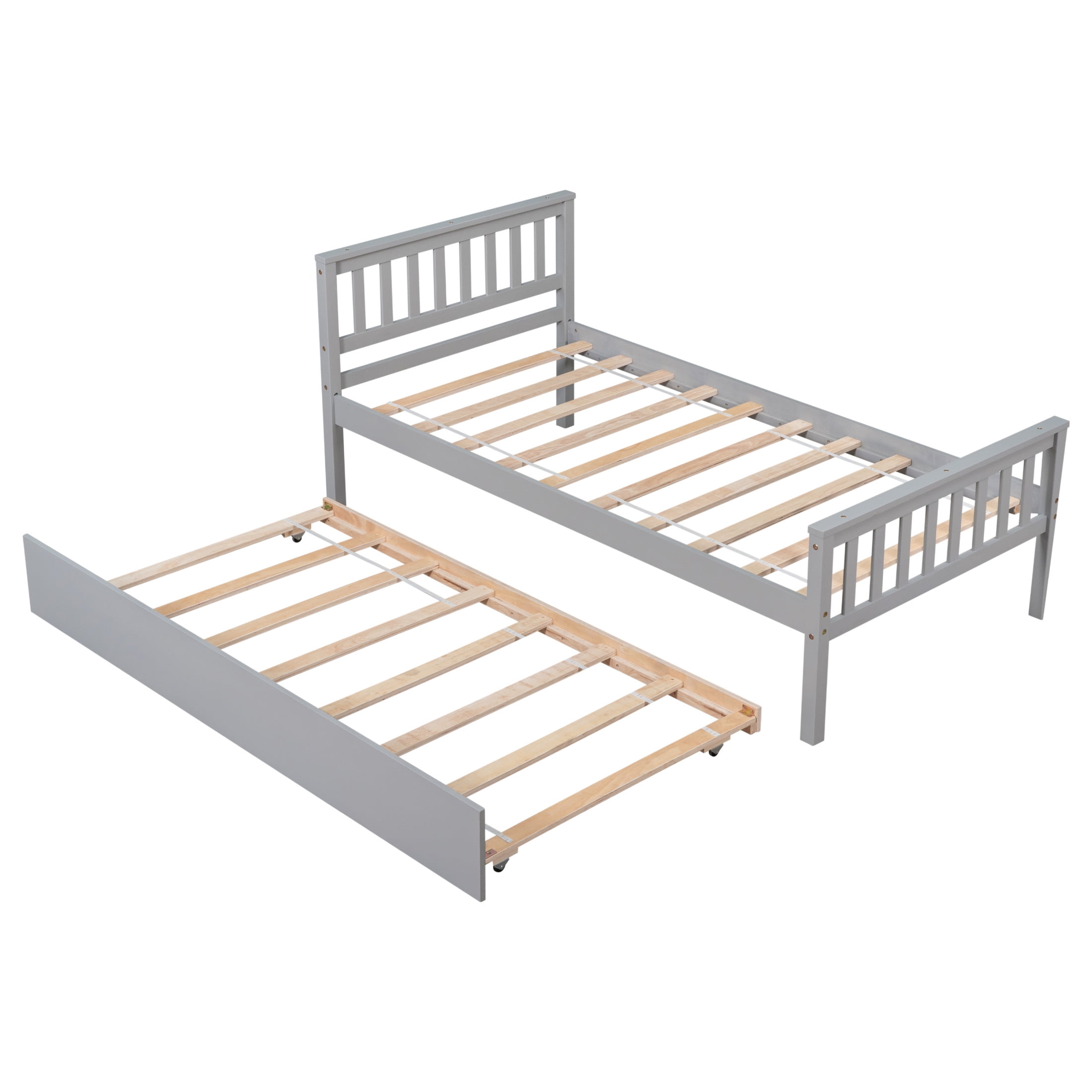 Noble House Kilby Twin Platform Bed with Pull-out Trundle, Hardside Pine Wood Bed Frame with Headboard, Gray