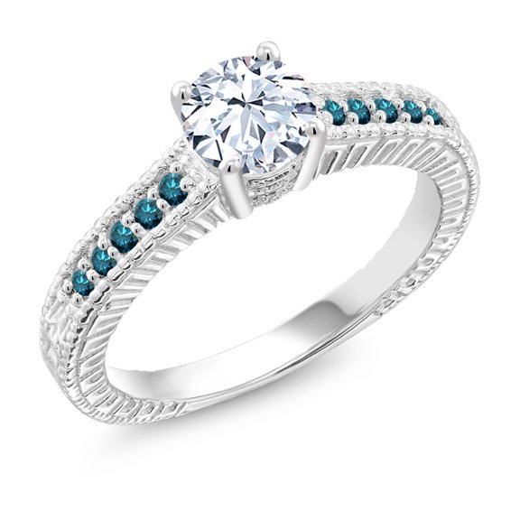 Gem Stone King 1.37 Ct White Created Sapphire Blue Diamond 925 Sterling Silver Engagement Ring (Size 7)