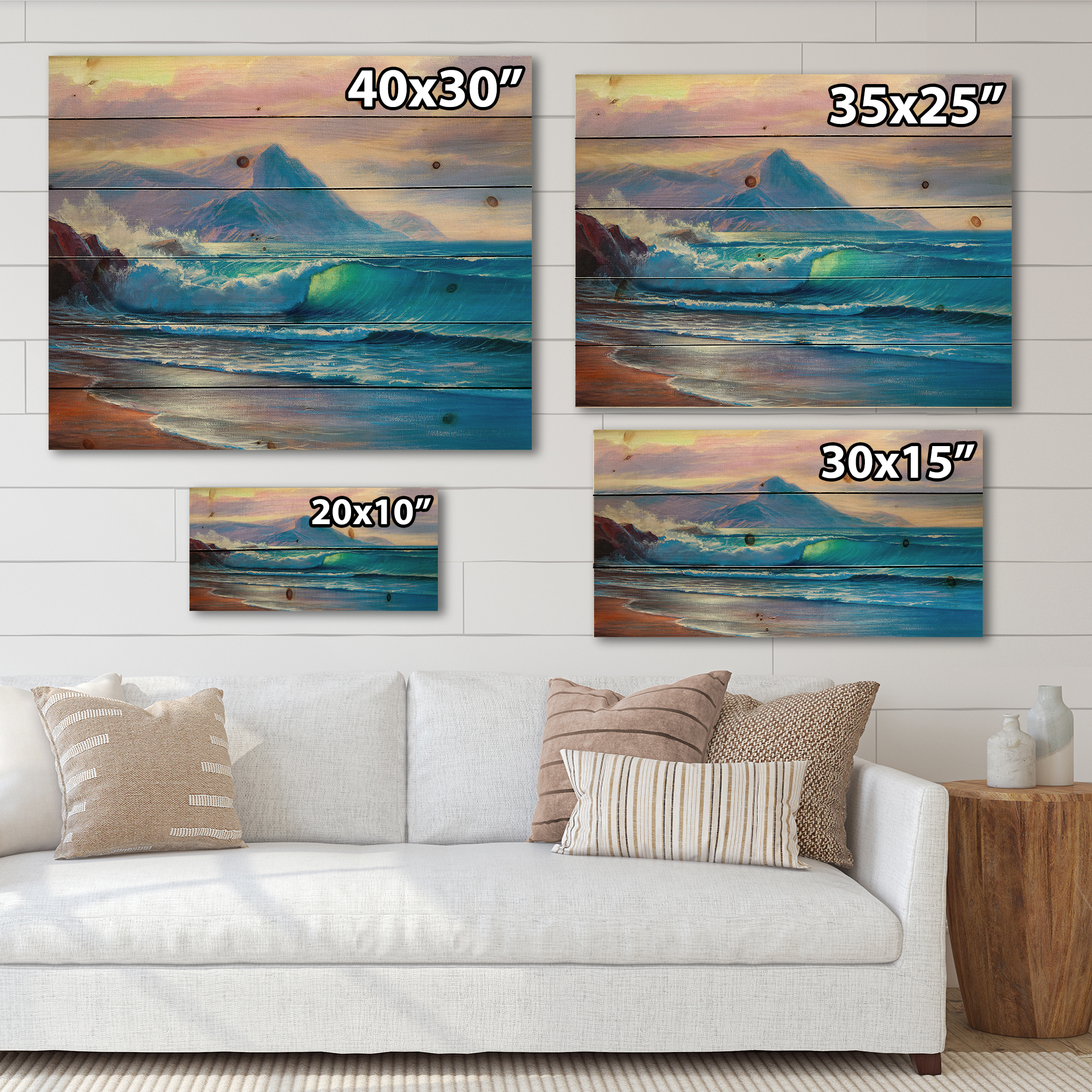 Designart 'Blue Waves Breaking At The Beach Landscape I' Nautical & Coastal Print on Natural Pine Wood