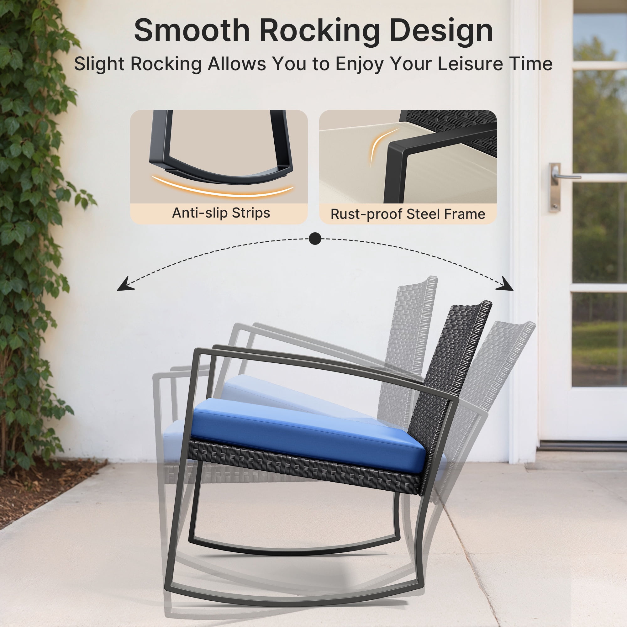 Noelse 3 Piece Wicker Rocking Chair Set, Outdoor Patio Furniture with Table and Cushions for Balcony, Blue