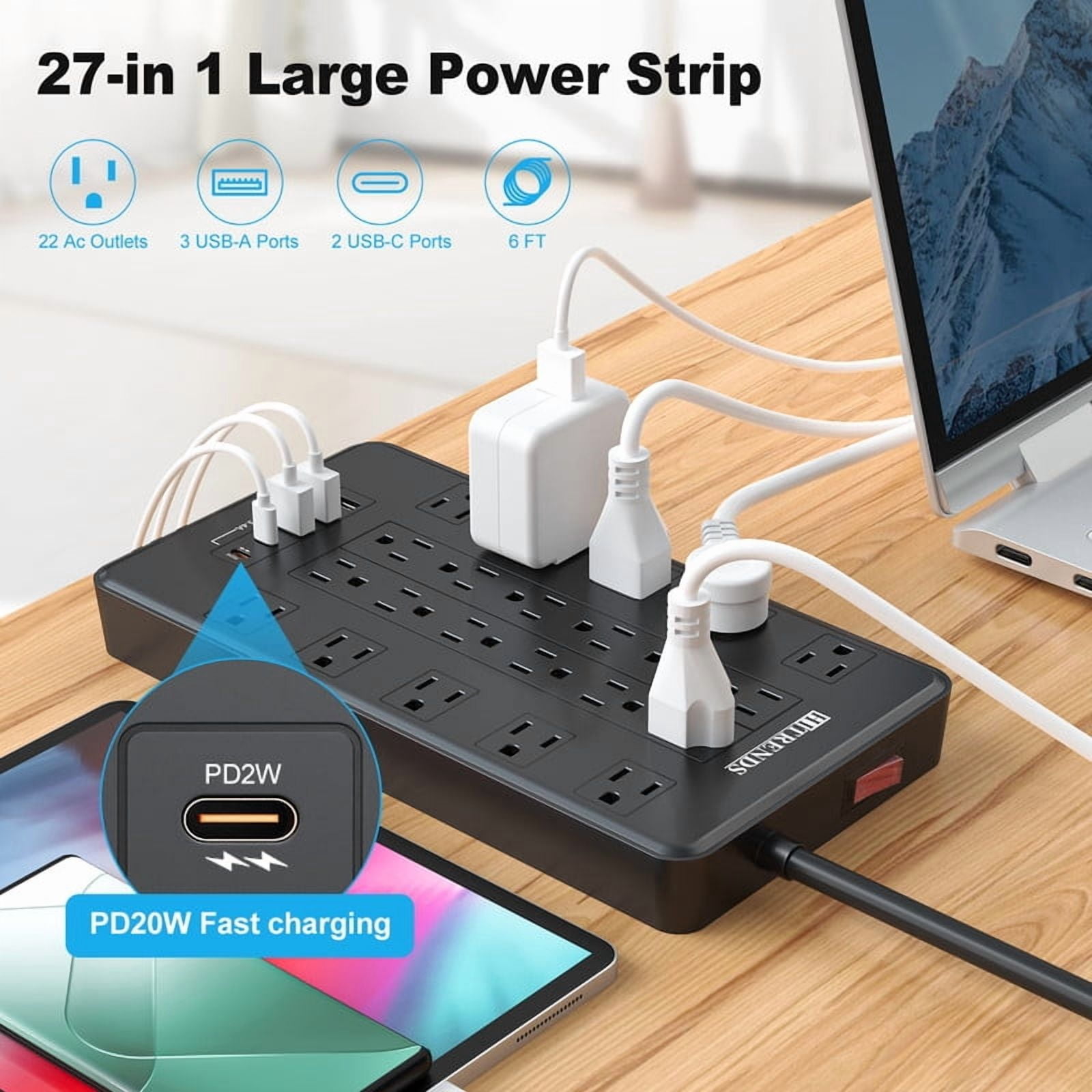 HITRENDS Power Bar, Flat Plug, 22 Outlets and 5 USB Ports, 2700 J, 6ft Extension Cord