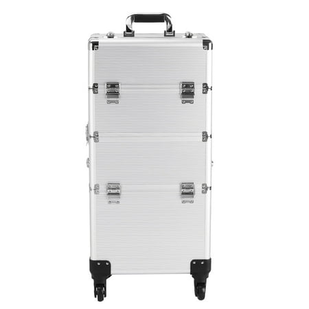 Clearance! Makeup Box Organizer Case, Cosmetic Train Case Lockable Beauty Trolley, Aluminum Makeup Box Organizer with Wheels, Makeup Travel Case, Storage Makeup Brushes, Lipstick, Silver, W5304