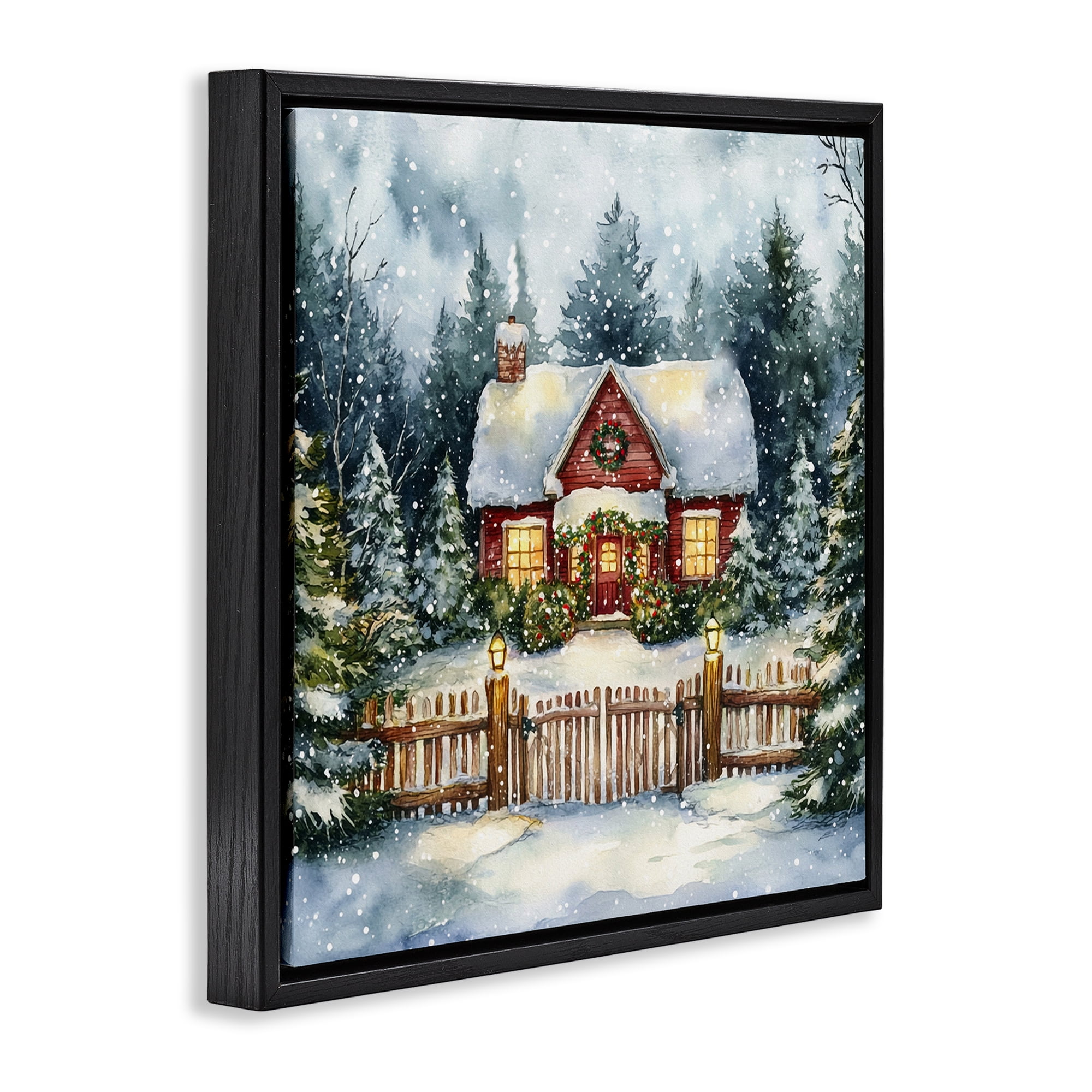 Stupell Industries Scenic Winter Cottage Holiday Painting Black Floater Framed Canvas Art Prints Wall Art, 25 x 25
