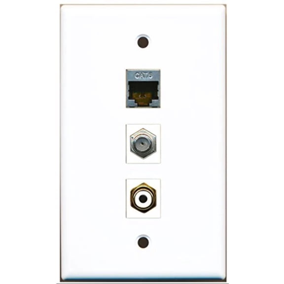 RiteAV - 1 Port RCA White and 1 Port Coax Cable TV- F-Type and 1 Port Shielded Cat6 Ethernet Wall Plate