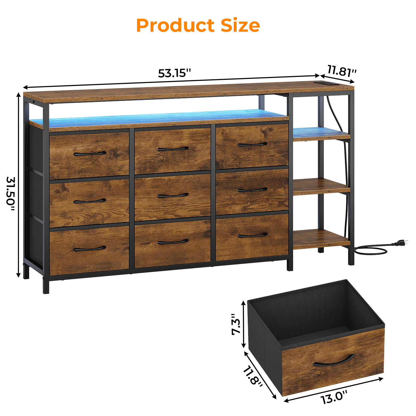 9 Drawers Dressers for Bedroom with LED Lights & Powers Outlets, 53 Inch TV Stand, Entertainment Center with Drawers & Open Shelves for Living Room,Rustic Brown