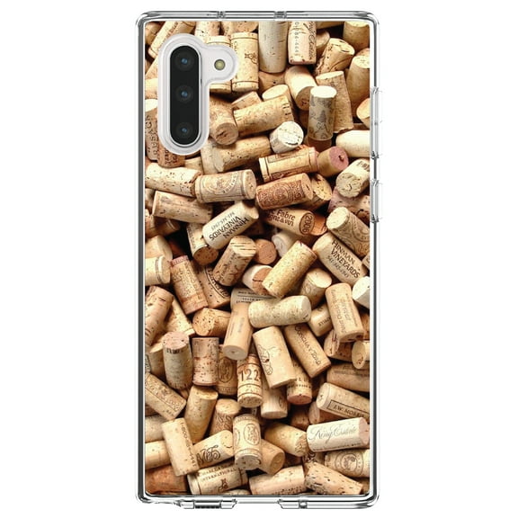 DistinctInk Clear Shockproof Hybrid Case for Samsung Galaxy Note 10 (6.3" Screen) - TPU Bumper, Acrylic Back, Tempered Glass Screen Protector - Wine Corks Image Print - Printed Cork Image