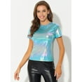 thumbnail image 3 of INSPIRE CHIC Women's Party Metallic Textured Short Sleeve Shiny Multicolor Top Medium Blue Shiny, 3 of 5