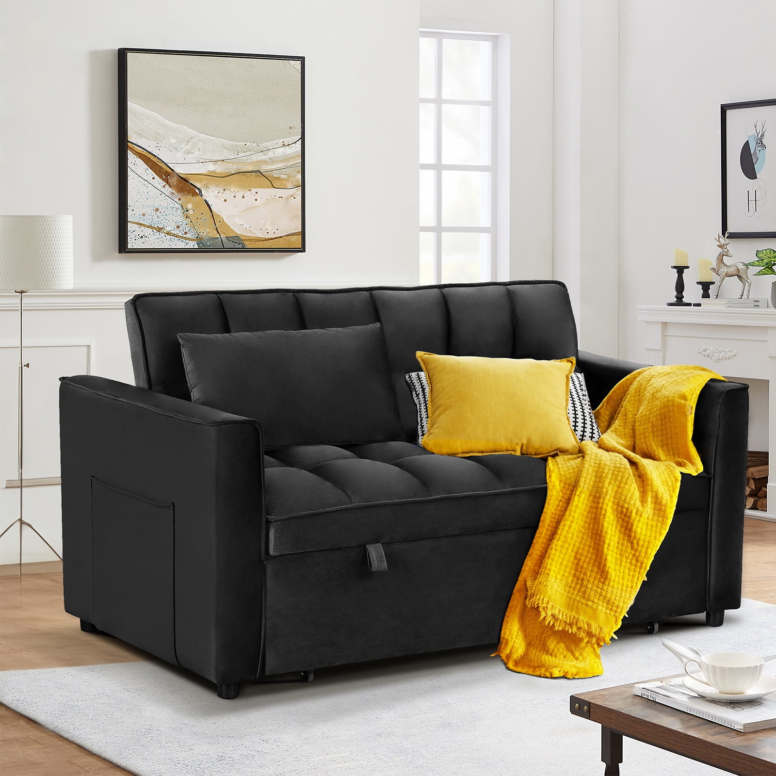 Bonzy Home Convertible Velvet Loveseat Sofa Bed with Adjustable Backrest, Black