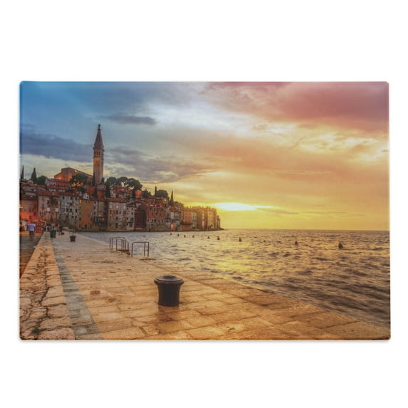 Cityscape Cutting Board, Sunset at Rovinj Adriatic Sea Coast of Croatia Romantic Evening Scenery Print, Decorative Tempered Glass Cutting and Serving Board, Large Size, Brown Yellow, by Ambesonne