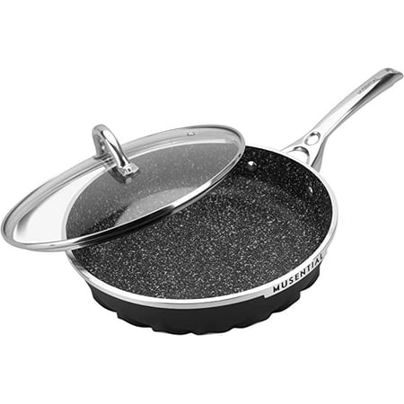 

MUSENTIAL 10 Inch Aluminum Non-stick Frying Pan Skillet with Tempered Glass Lid PFOA-Free Non-stick Granite Coating Stainless Steel Handle Dishwasher/Oven Safe (Black)