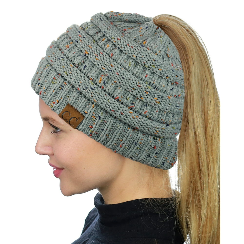 C.C BeanieTail Soft Stretch Cable Knit Messy High Bun Ponytail Beanie