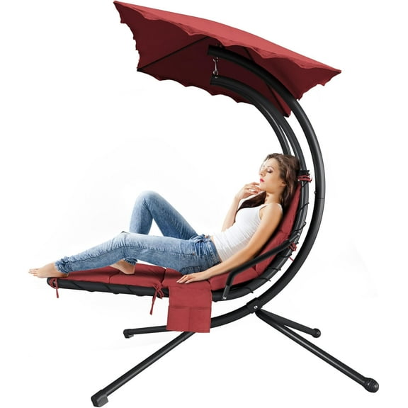 Chaise Lounger Swing Chair with Umbrella Canopy, Patio Hanging Chaise Lounger Chair with Stand, Curved Steel Outdoor Lounge Chairs for Indoor Patio Pool Garden Backyard Porch – Heavy Duty