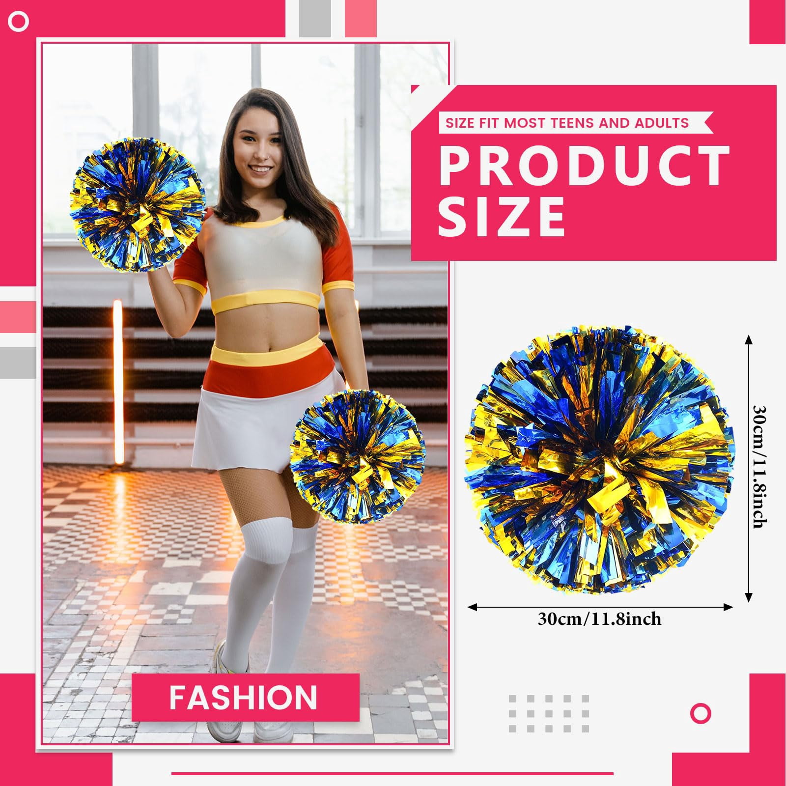 Cheerleading Pom Poms 24 Pcs with Straight Handle, Handheld Squad Pompoms for Sports Team Cheer Spirit Games, Dance Party Adults